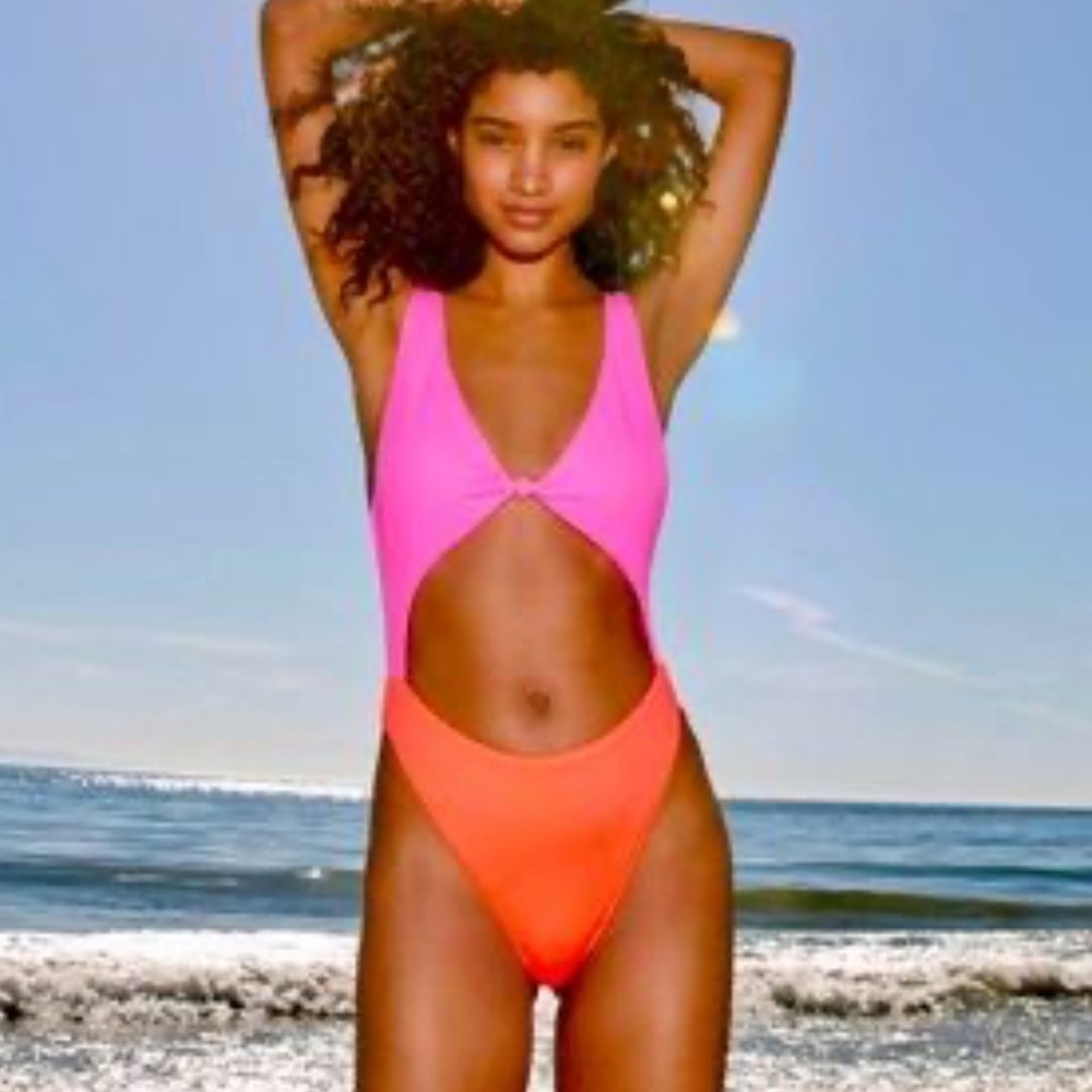 New Leith color block one piece swimsuit pink orange sz small